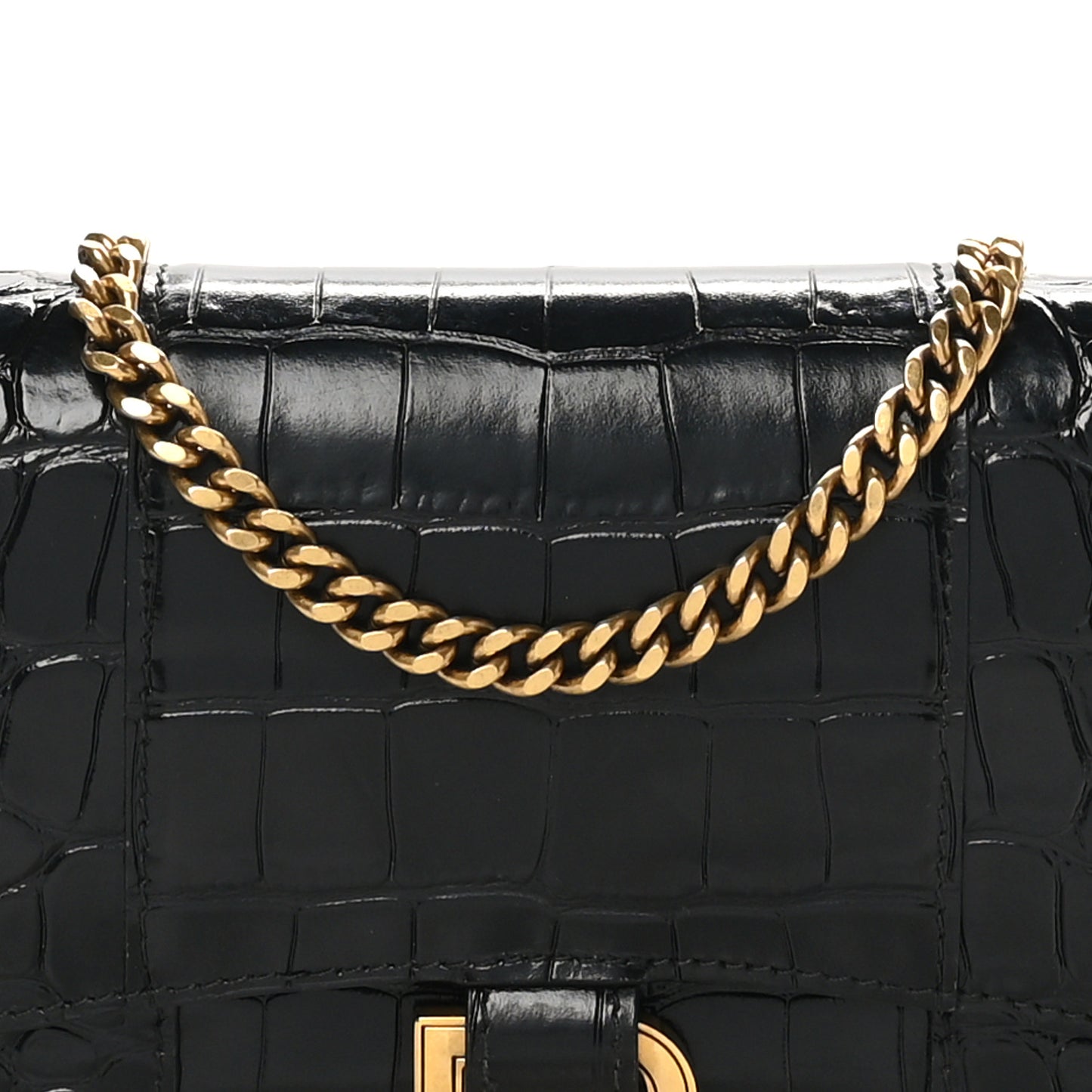 Shiny Calfskin Crocodile Embossed Hourglass Chain Bag Black
