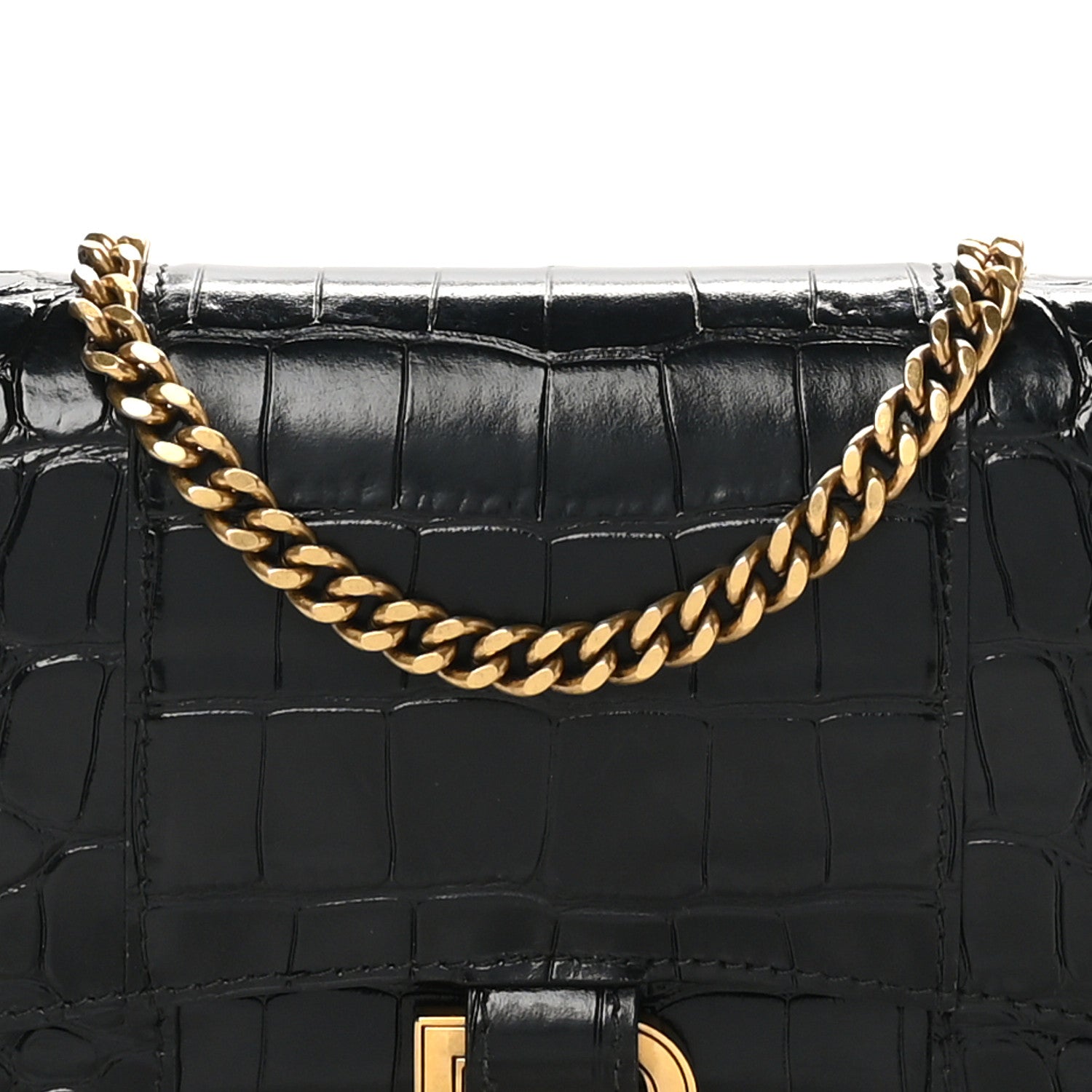 Balenciaga Shiny Calfskin Crocodile Embossed Hourglass Chain Bag Black 7 of 9