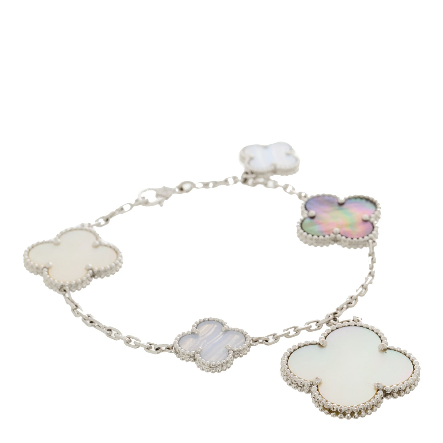 18K White Gold Chalcedony Mother of Pearl 5 Motifs Magic Alhambra Bracelet