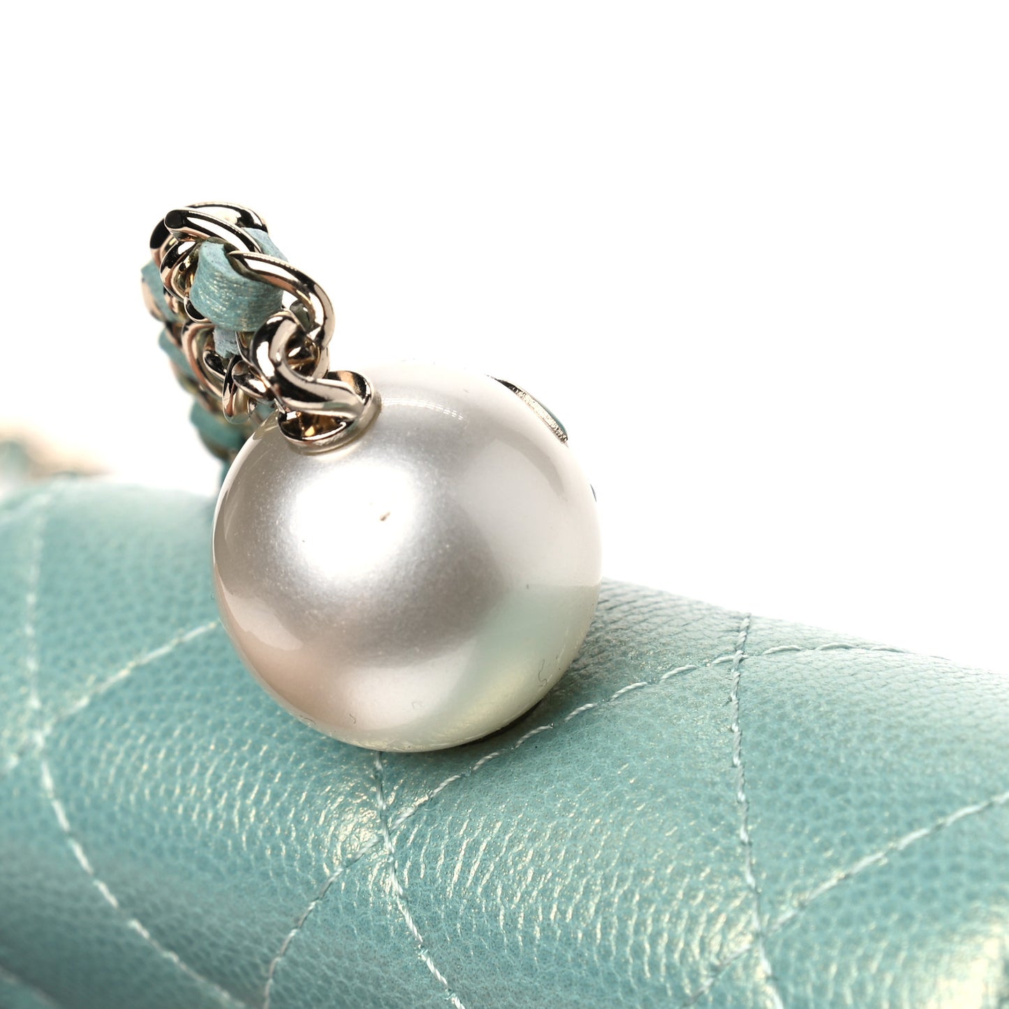 Iridescent Caviar Quilted Pearl On Top Coin Purse With Chain Light Green