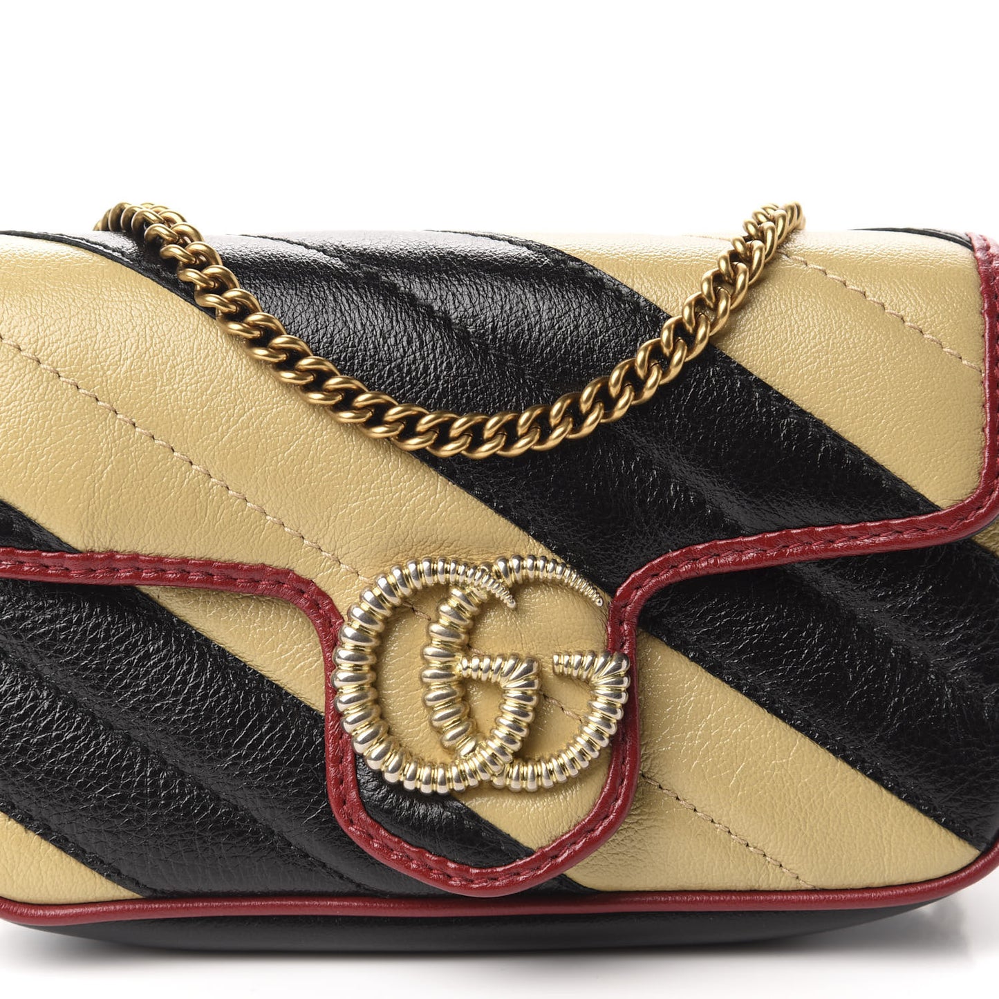 Vintage Effect Calfskin Matelasse Diagonal Striped Super Mini Torchon GG Marmont Shoulder Bag Black Beige