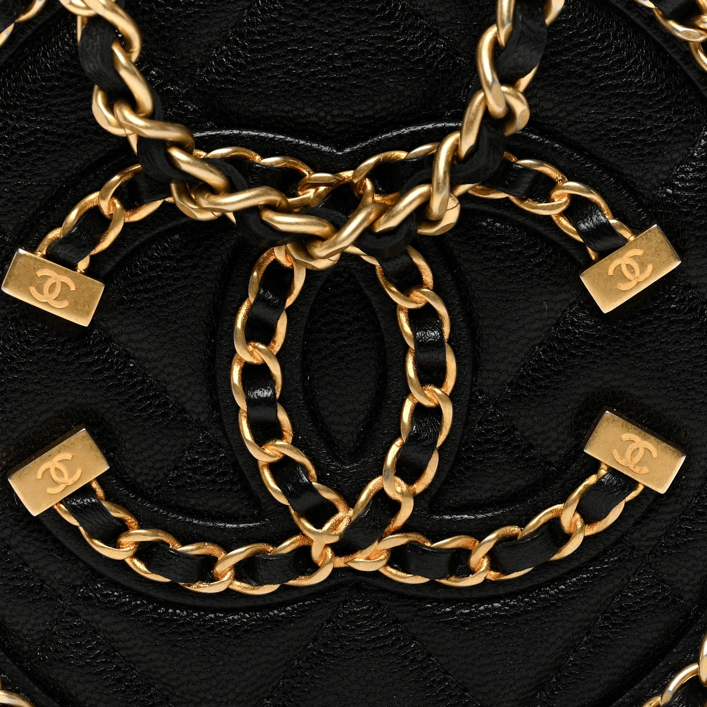 Lambskin Quilted Round Filigree Chain Around Crossbody Black