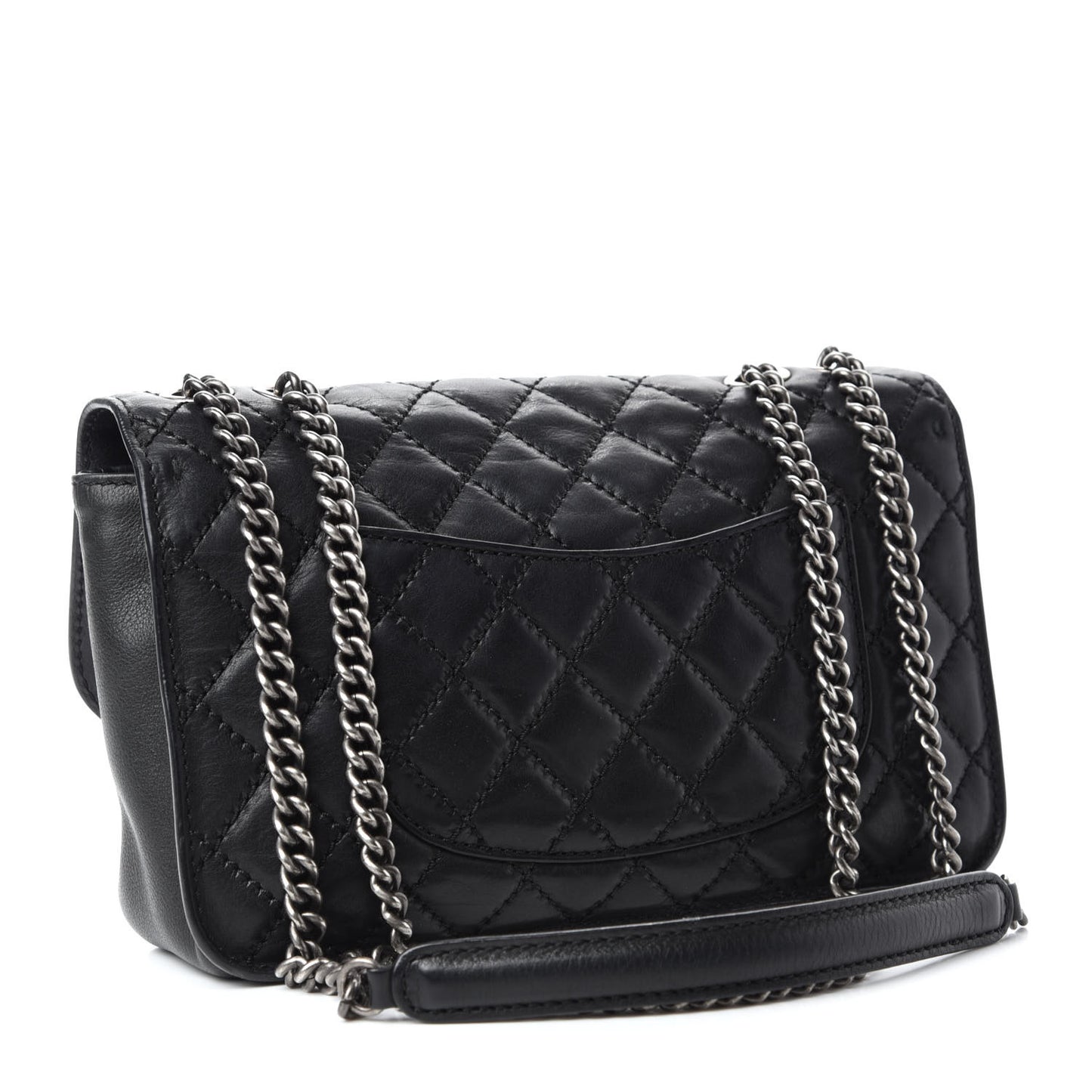 Calfskin Stitched Quilted Flap Black