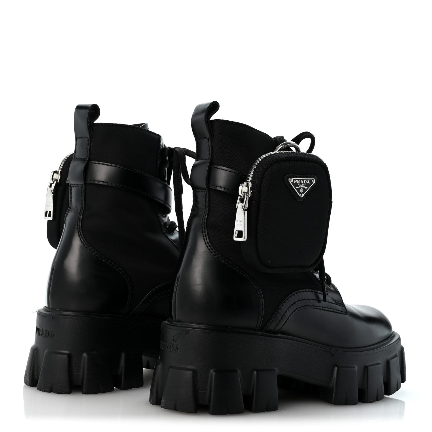 Prada Spazzolato Rois Nylon Metal Triangle Logo Monolith Pouch Pocket 55mm Boots 35 Black 5 of 9