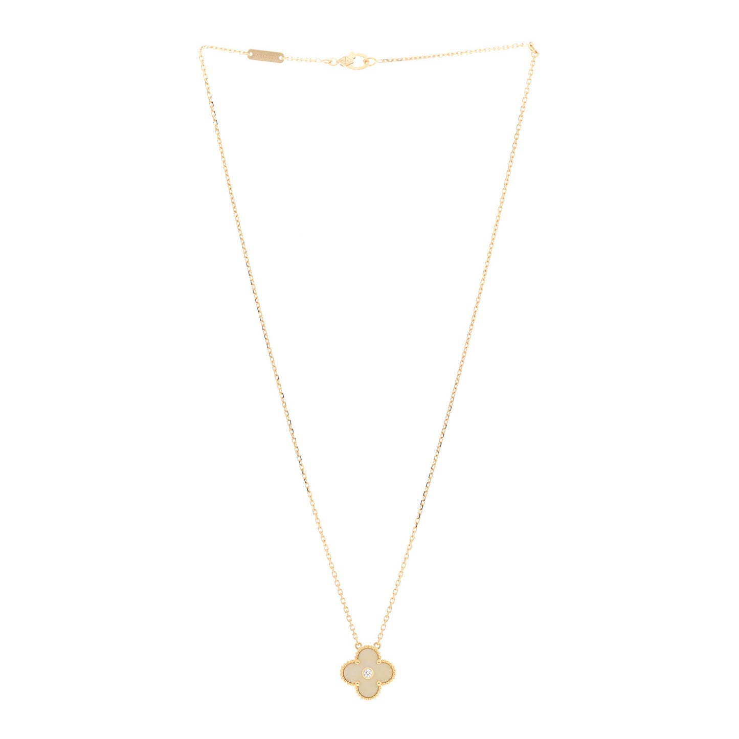 18K Yellow Gold Diamond Yellow Mother of Pearl Vintage Alhambra Pendant Necklace