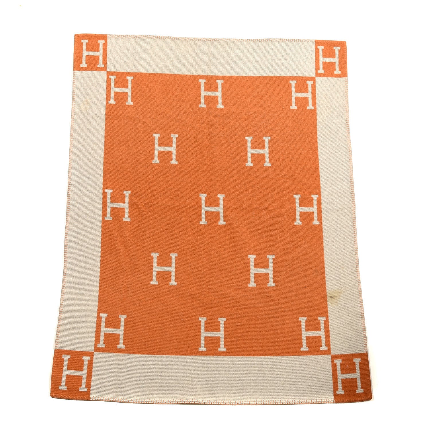 Hermes Wool Cashmere Signature Classic Avalon Blanket Ecru Potiron 1 of 3