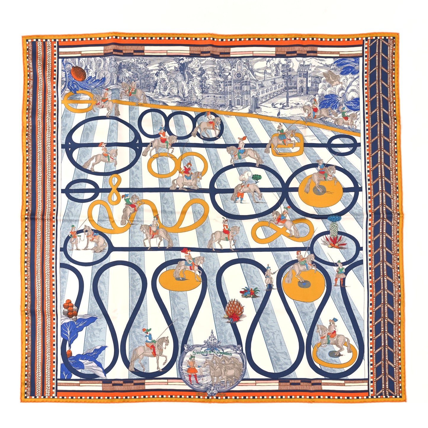 Silk Passades et Serpentines Double Face Scarf 90 Orange White Bleu