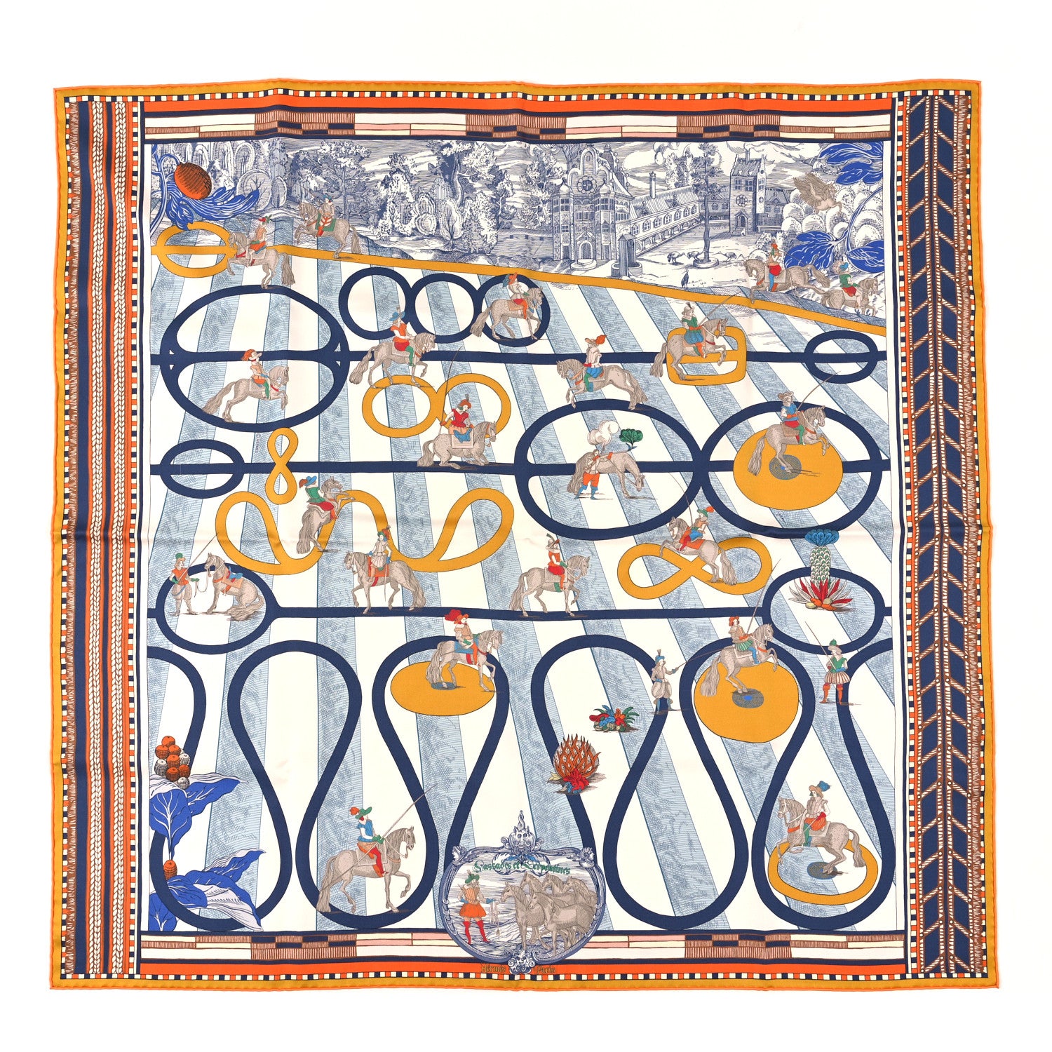 Hermes Silk Passades et Serpentines Double Face Scarf 90 Orange White Bleu 1 of 4