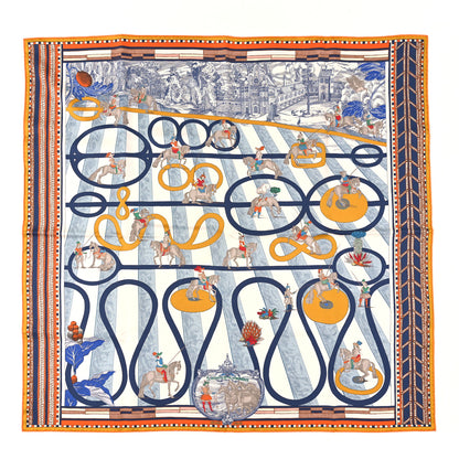 Hermes Silk Passades et Serpentines Double Face Scarf 90 Orange White Bleu 1 of 4
