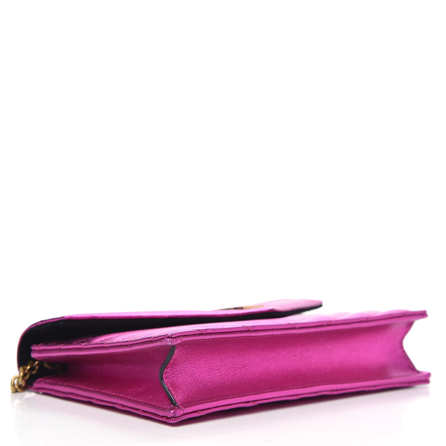 Metallic Calfskin Matelasse Chevron Monogram Envelope Chain Wallet Fuchsia