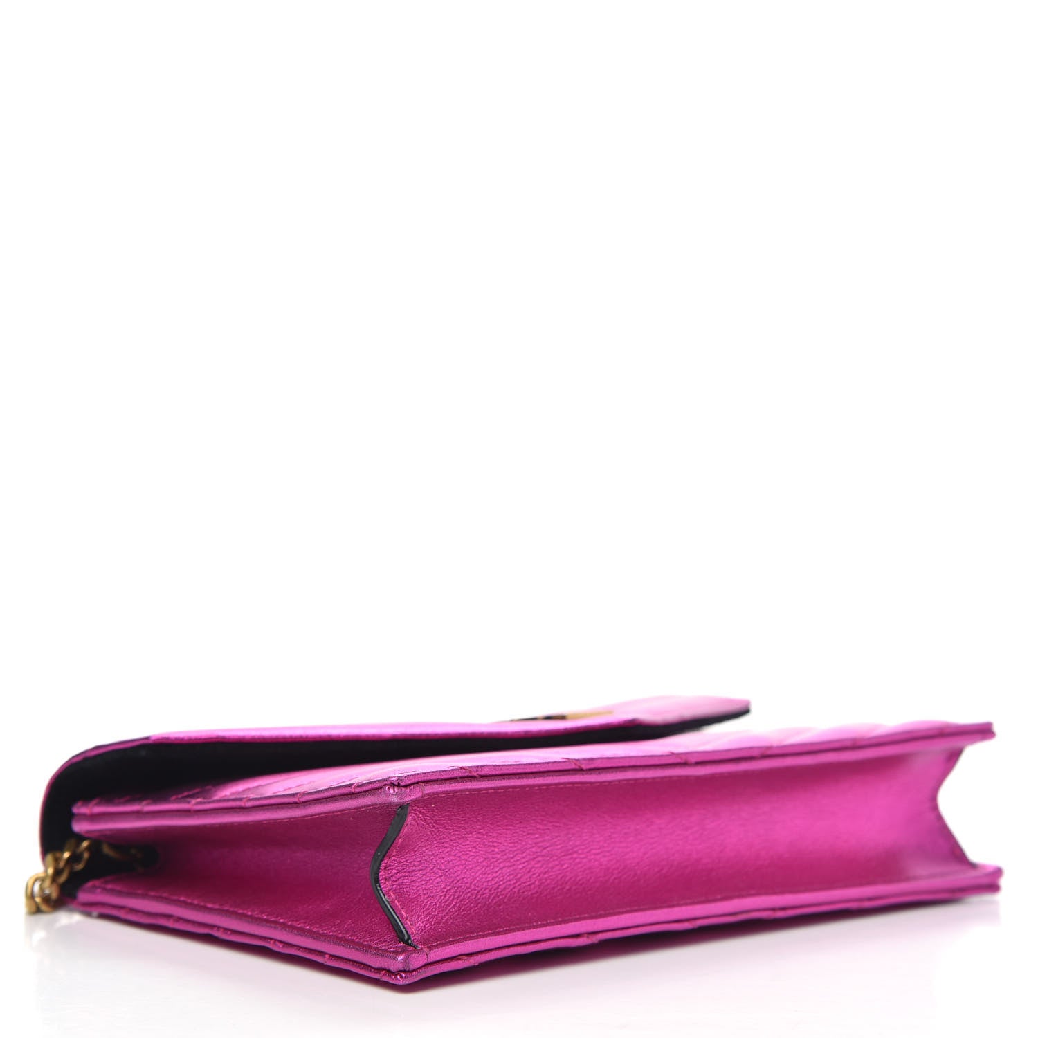 Saint Laurent Metallic Calfskin Matelasse Chevron Monogram Envelope Chain Wallet Fuchsia 4 of 10
