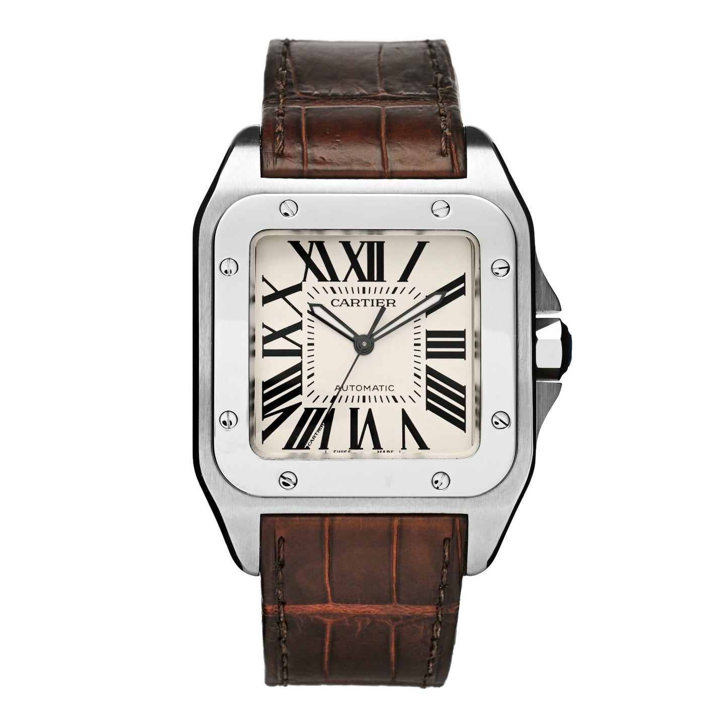 Stainless Steel Alligator 38mm Santos 100 Automatic Watch Brown