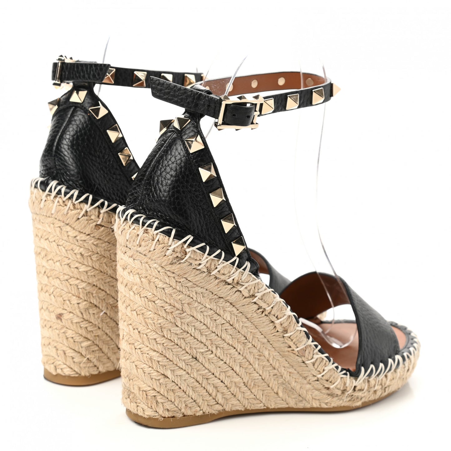Grained Calfskin Rockstud Ankle Strap Espadrille 15/105mm Wedge Sandals 35 Black Light Cuir Natural