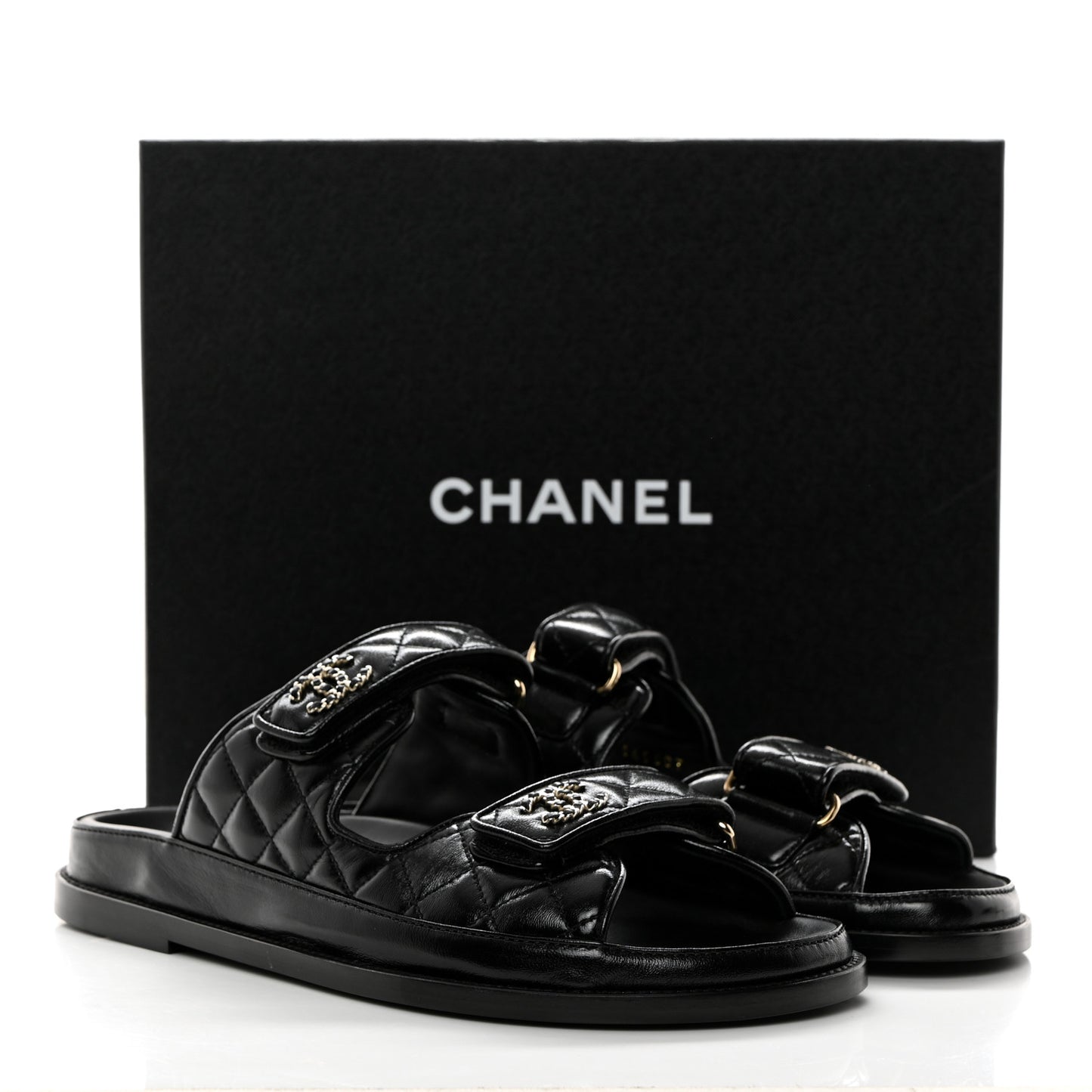 Lambskin Quilted Velcro Dad Chain CC Slide Sandals 39.5 Black
