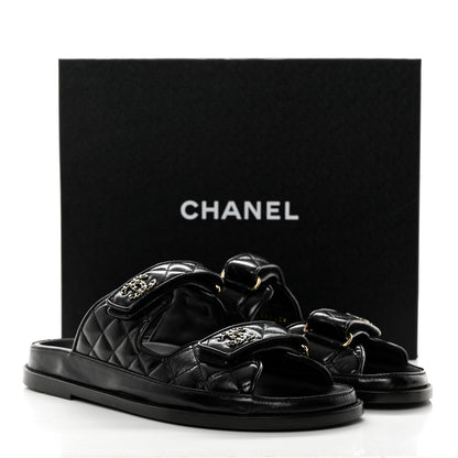 Chanel Lambskin Quilted Velcro Dad Chain CC Slide Sandals 39.5 Black 10 of 10