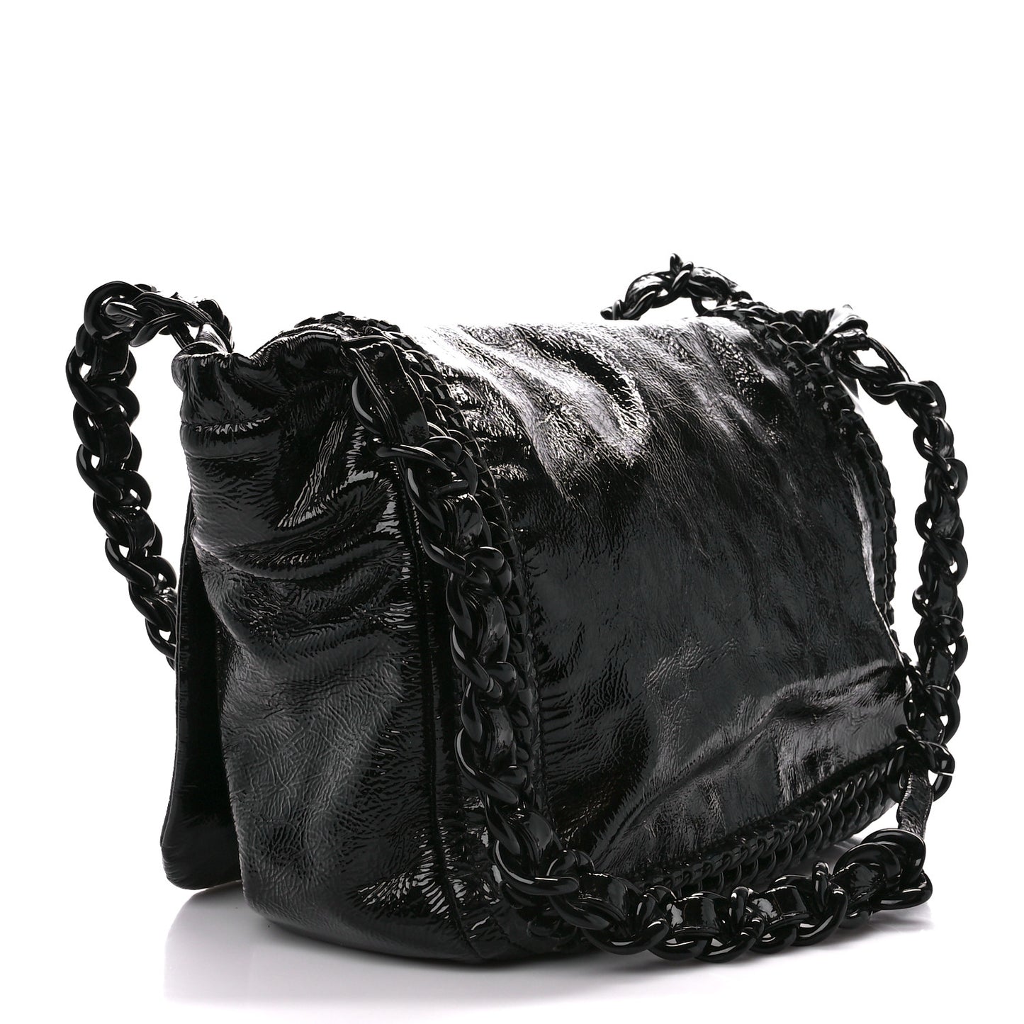 Crinkled Patent Modern Chain Flap Black