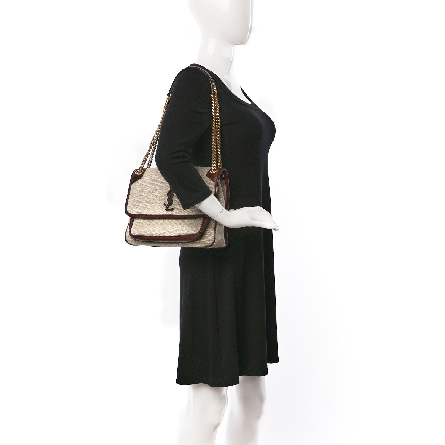 Saint Laurent Cotton Canvas Vintage Calfskin Monogram Medium Niki Chain Satchel Natural Chocolate 2 of 9