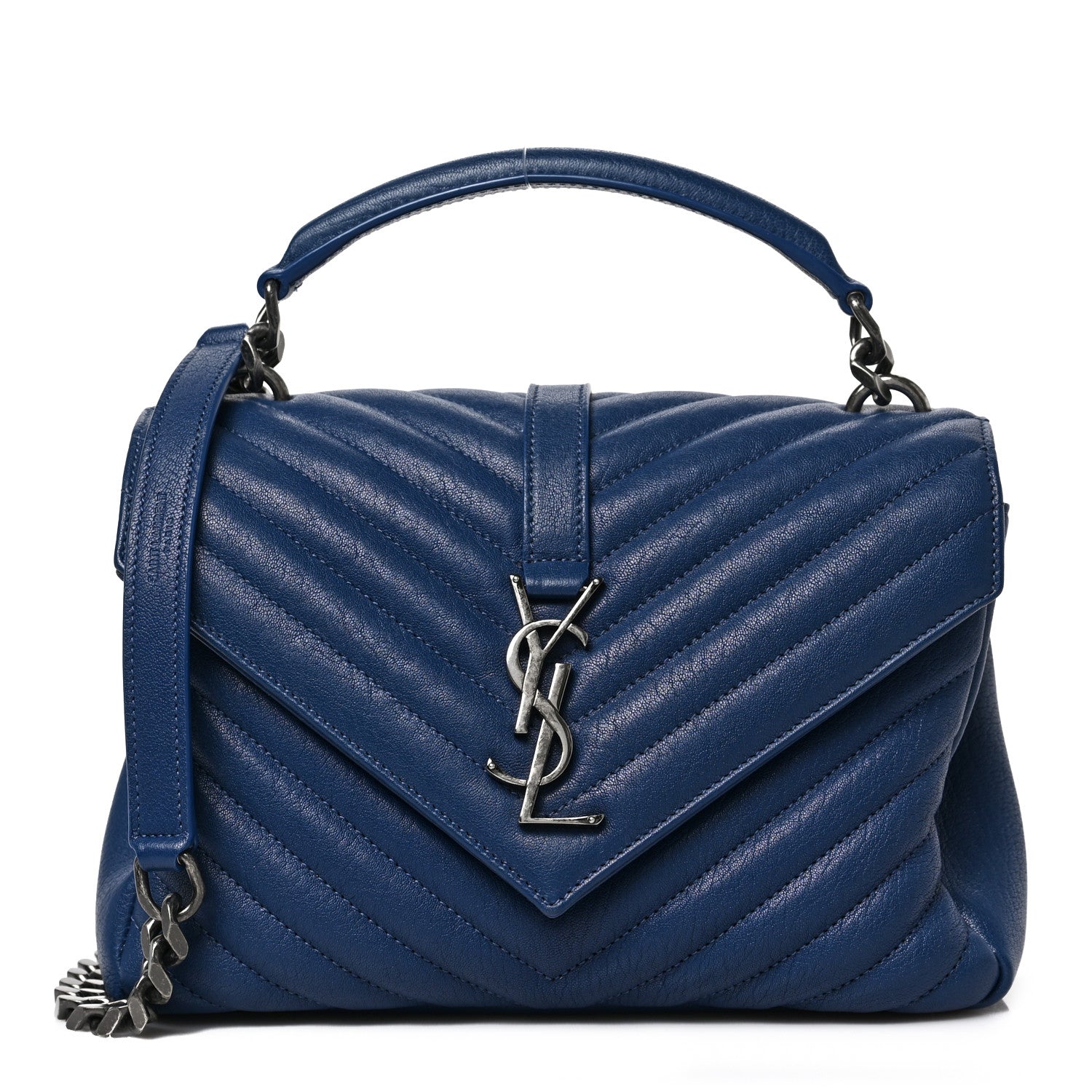 Saint Laurent Sheepskin Matelasse Chevron Monogram College Bag Navy 1 of 8