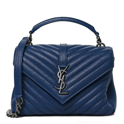 Saint Laurent Sheepskin Matelasse Chevron Monogram College Bag Navy 1 of 8