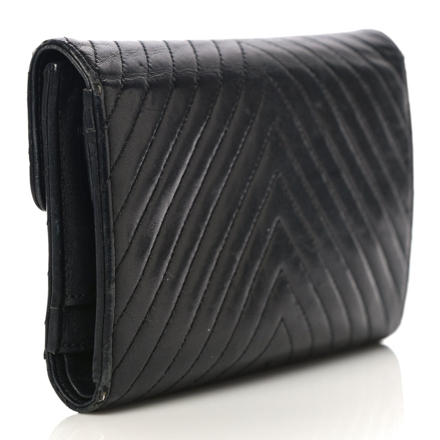 Lambskin Chevron Quilted Large Flap Clutch Wallet Black