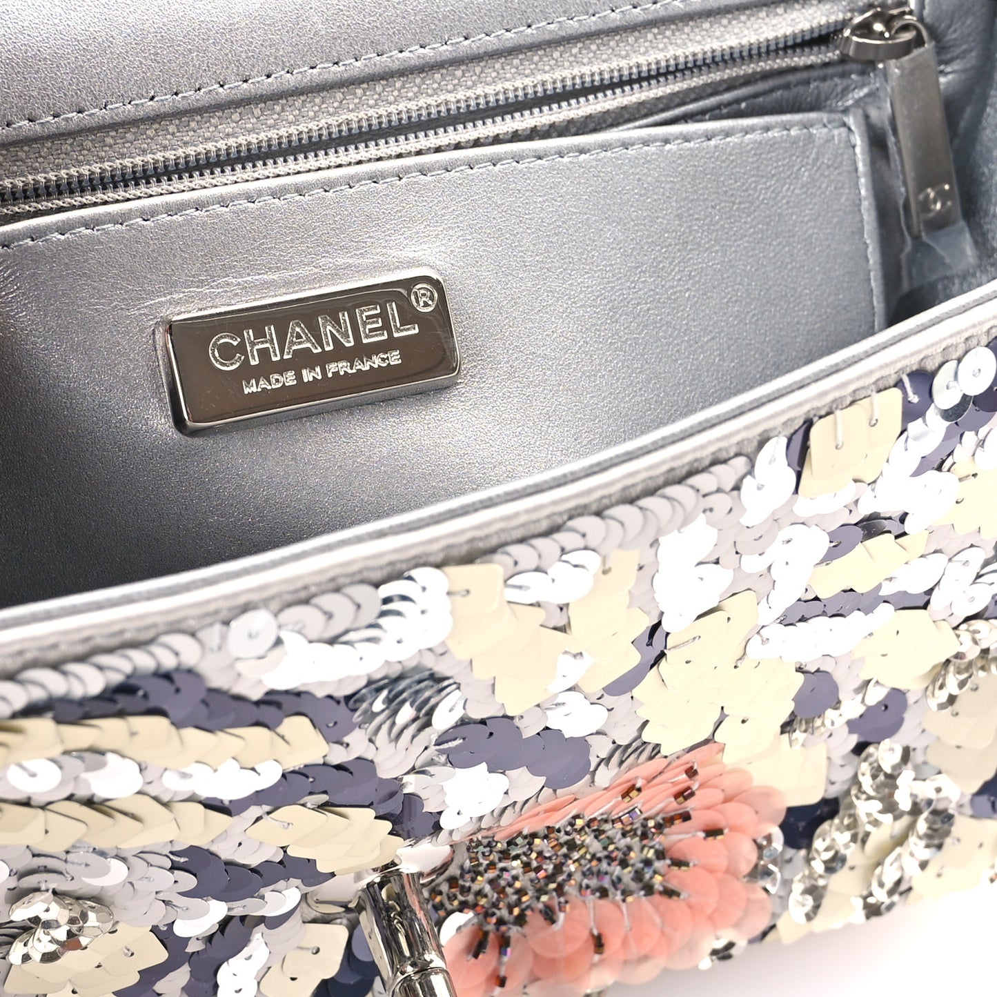 Satin Sequin Embellished Flower Mini Rectangular Flap Argent Multicolor