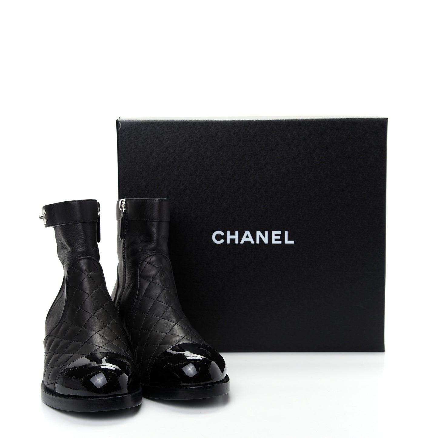 Calfskin Patent Quilted Cap Toe Short Boots 39.5 Black
