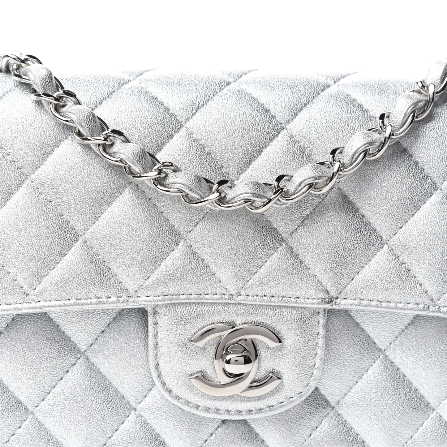 Metallic Lambskin Quilted Mini Rectangular Flap Silver
