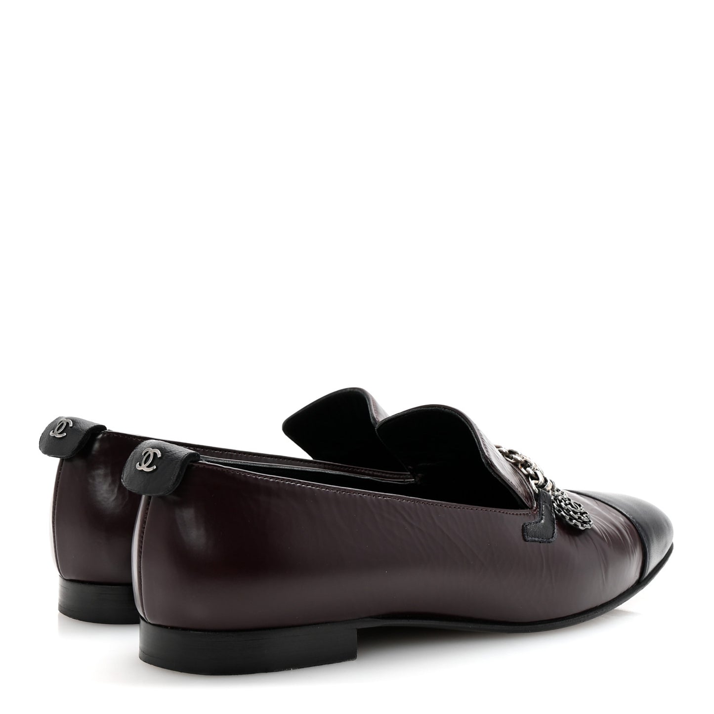 Crackled Goatskin Lambskin Cap Toe CC Charm Loafers 36 Dark Burgundy Navy