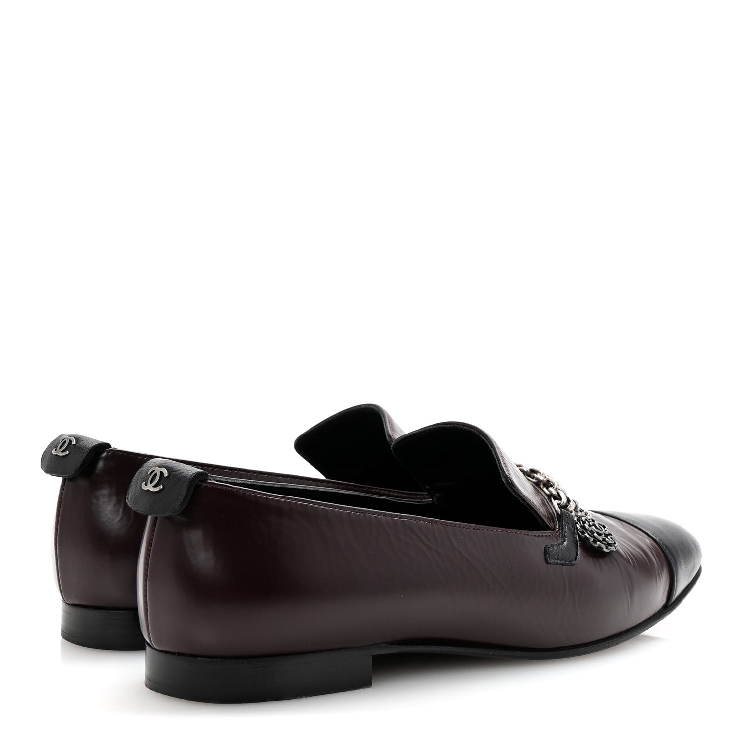 Chanel Crackled Goatskin Lambskin Cap Toe CC Charm Loafers 36 Dark Burgundy Navy 5 of 9