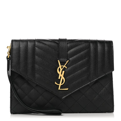 Saint Laurent Grain De Poudre Textured Mixed Matelasse Triquilt Monogram Clutch Black 1 of 8