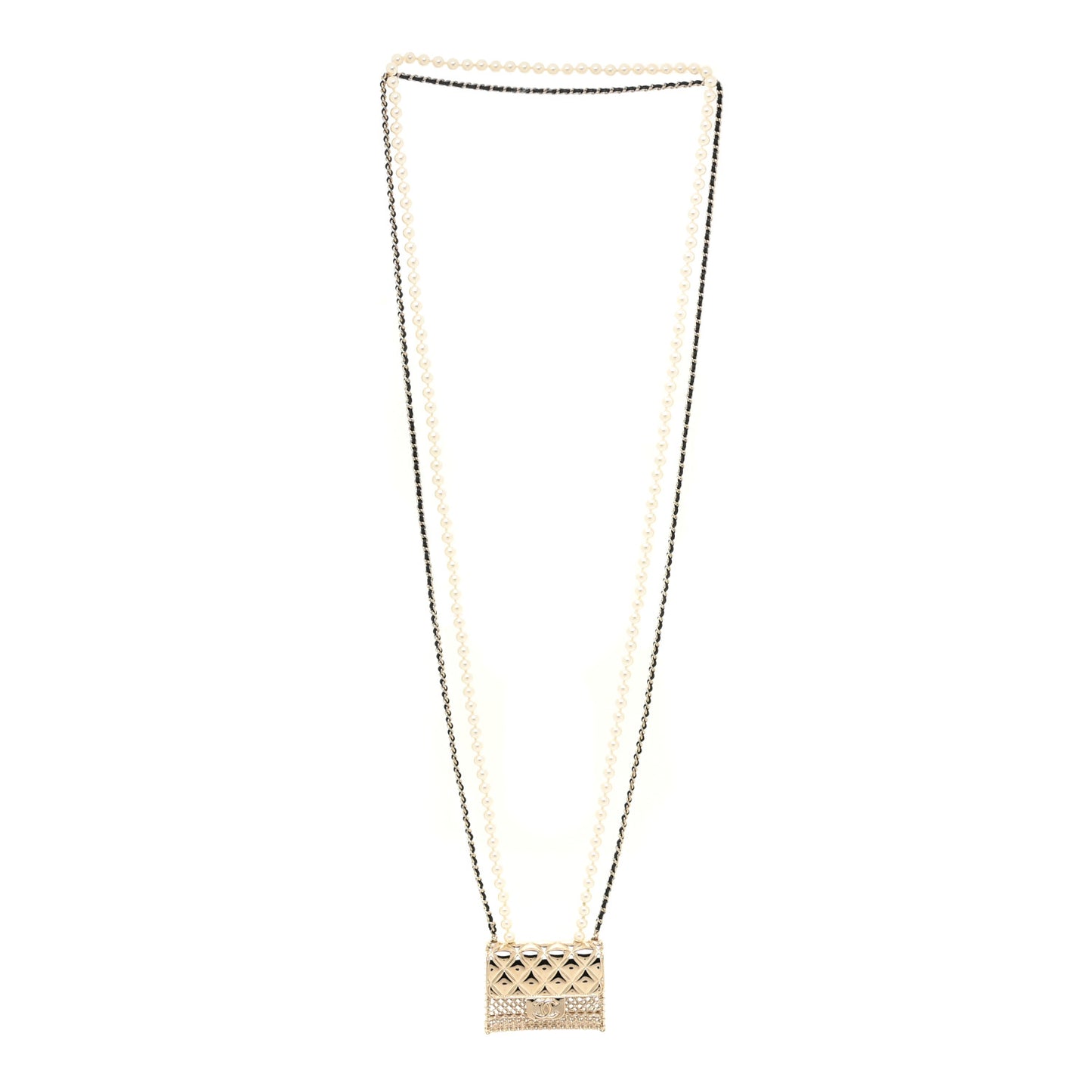 Metal Lambskin Pearl Chain Flap Bag Long Necklace Gold Black Pearly White