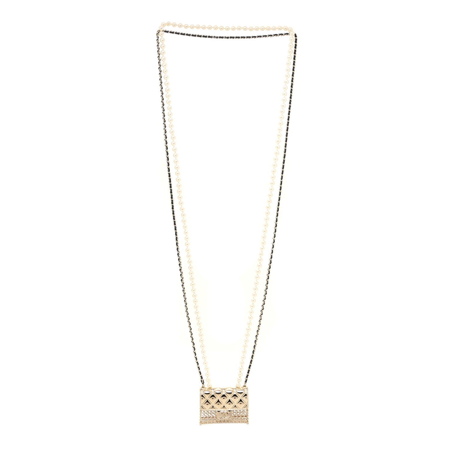 Chanel Metal Lambskin Pearl Chain Flap Bag Long Necklace Gold Black Pearly White 3 of 6