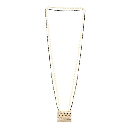 Chanel Metal Lambskin Pearl Chain Flap Bag Long Necklace Gold Black Pearly White 3 of 6