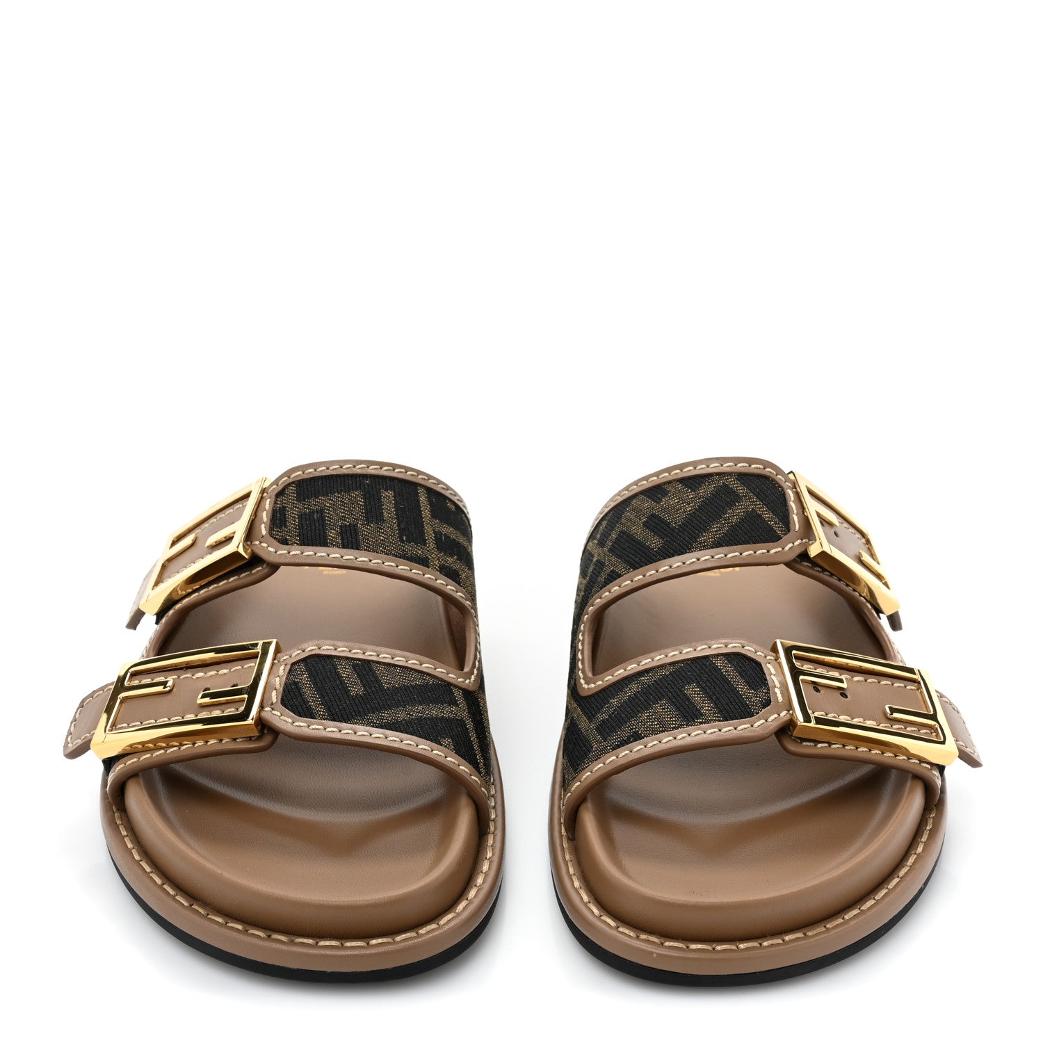 Fendi Fabric Jacquard Nappa FF Womens Fendi Feel Buckled Slide Sandals 35 Tobacco Black Miele Scuro 2 of 8
