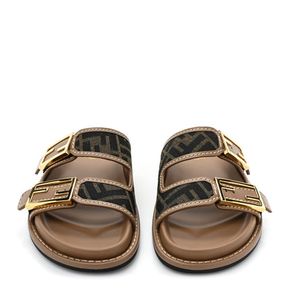 Fendi Fabric Jacquard Nappa FF Womens Fendi Feel Buckled Slide Sandals 35 Tobacco Black Miele Scuro 2 of 8