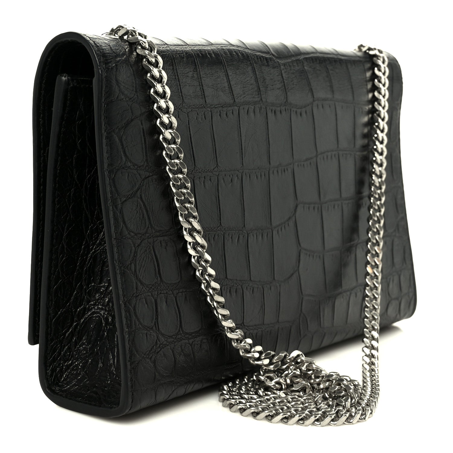 Saint Laurent Calfskin Crocodile Embossed Medium Classic Monogram Kate Tassel Satchel Black 3 of 12