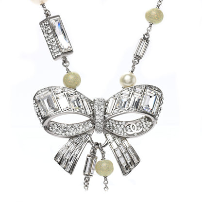 Chanel Crystal Baguette Pearl Bow Necklace Silver 4 of 8