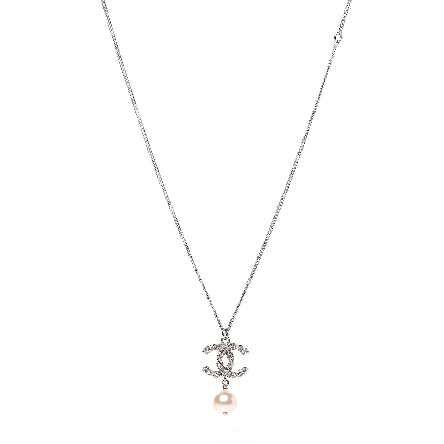 Crystal Pearl Twisted CC Drop Necklace Silver