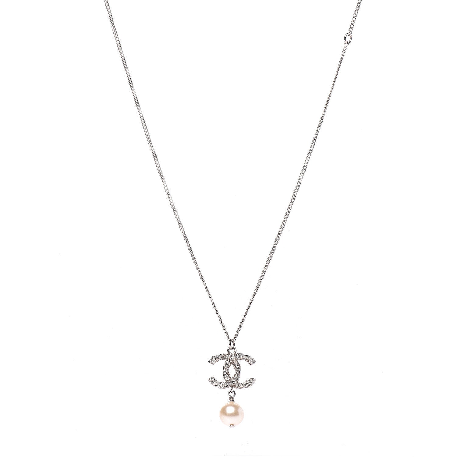 Chanel Crystal Pearl Twisted CC Drop Necklace Silver 1 of 5