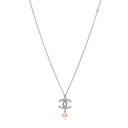Chanel Crystal Pearl Twisted CC Drop Necklace Silver 1 of 5