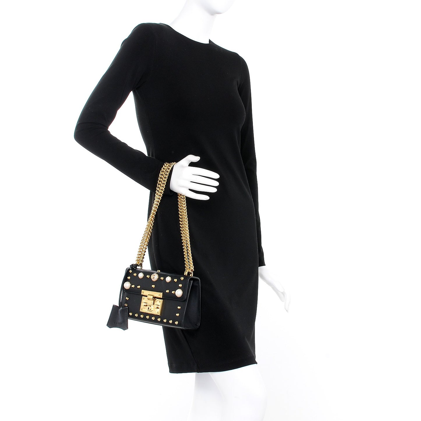 Calfskin Studded Small Padlock Shoulder Bag Black