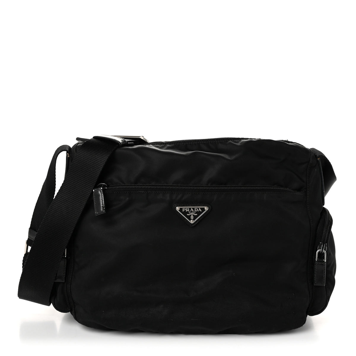Re-Nylon Vela Saffiano Pocket Double Zip Shoulder Bag Black