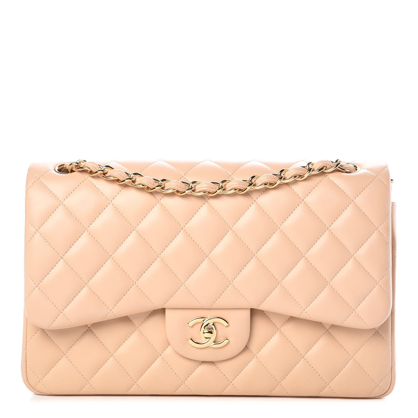 Lambskin Quilted Jumbo Double Flap Light Beige