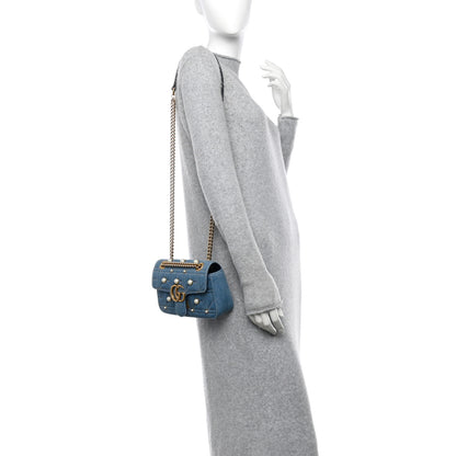 Gucci Denim Matelasse Pearl Studded Mini GG Marmont Shoulder Bag Blue 2 of 11