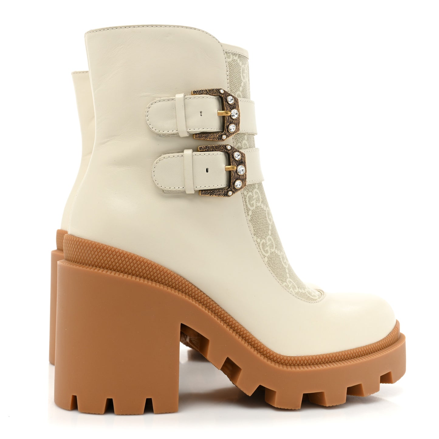 Kensington Calfskin Nappa GG Supreme Monogram Womens Double Buckle Ankle Boots 36 Mystic White Beige