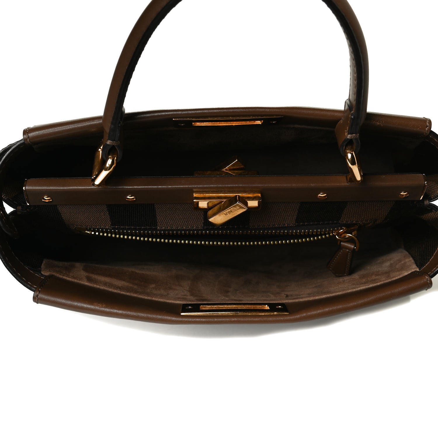 Fendi Vitello Morgan Fabric Jacquard Pequin Medium Peekaboo Iconic Satchel Foresta Tobacco Black 6 of 12