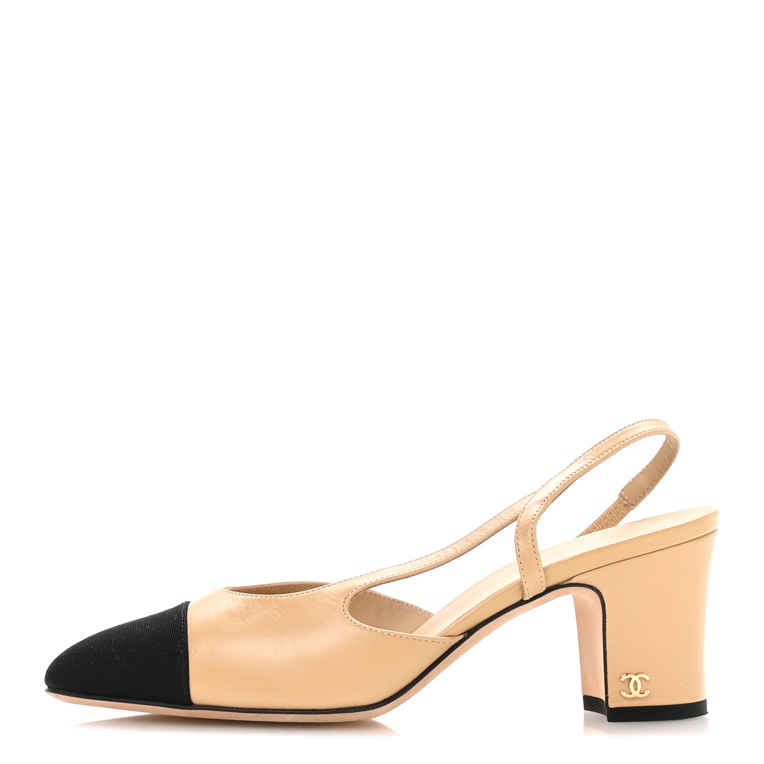 Chanel Goatskin Grosgrain Cap Toe CC Slingback Pumps 37.5 Beige Black 1 of 8