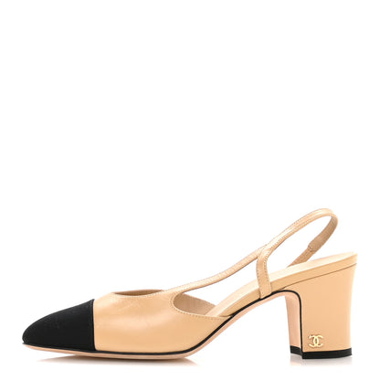 Chanel Goatskin Grosgrain Cap Toe CC Slingback Pumps 37.5 Beige Black 1 of 8
