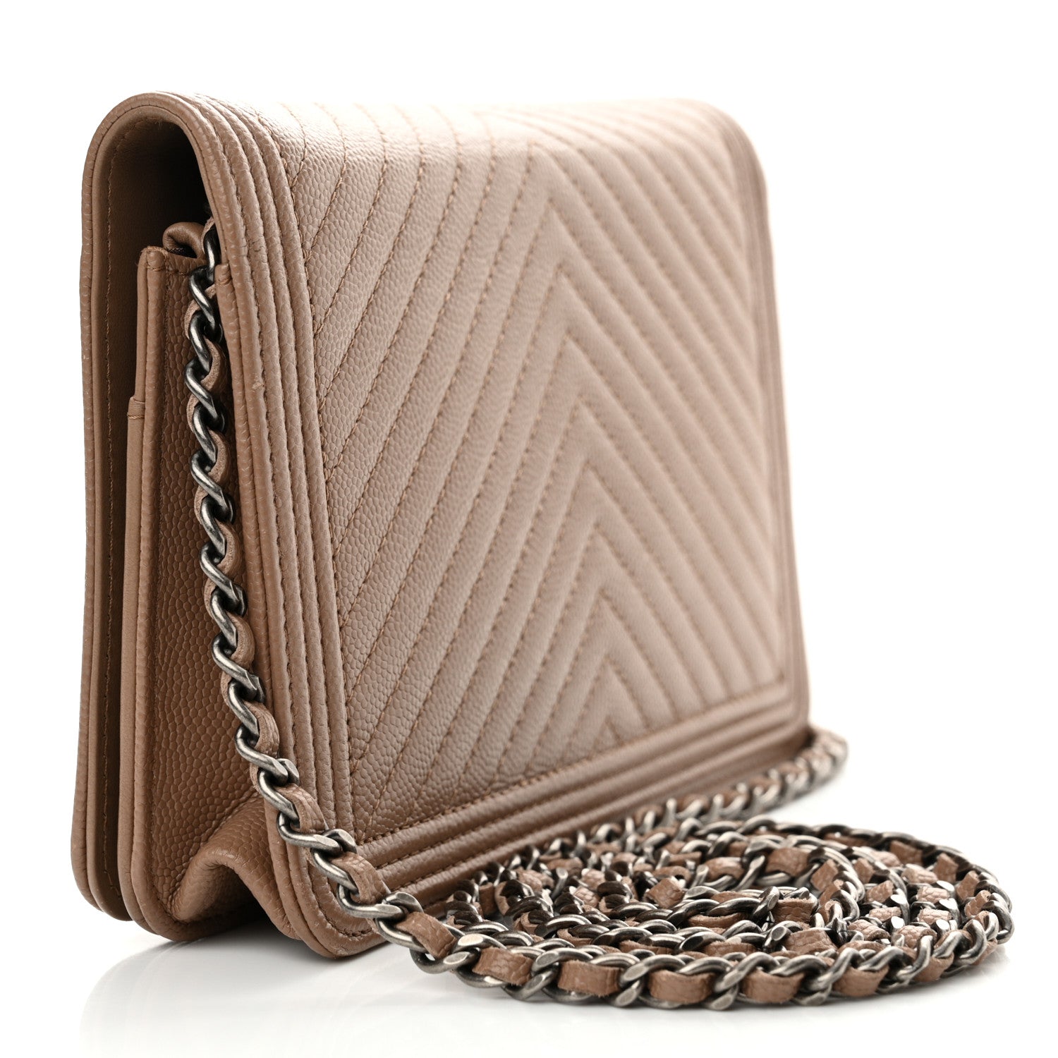 Chanel Caviar Chevron Quilted Boy Wallet On Chain WOC Dark Beige 3 of 15