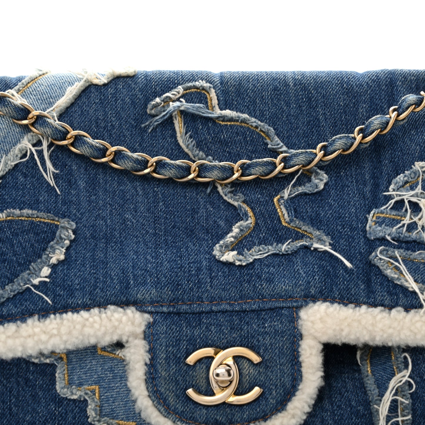 Denim Shearling Hieroglyph Flap Blue